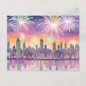 Fireworks カラフル City Waterカラー | ロフィ新年 シーズンポストカード (正面)