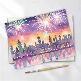Fireworks カラフル City Waterカラー | ロフィ新年 シーズンポストカード