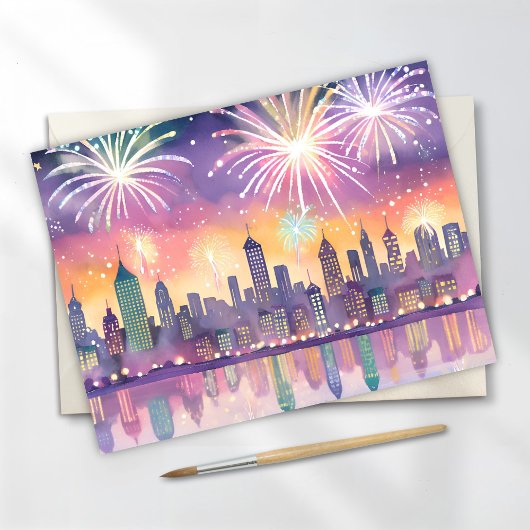Fireworks カラフル City Waterカラー | ロフィ新年 シーズンポストカード