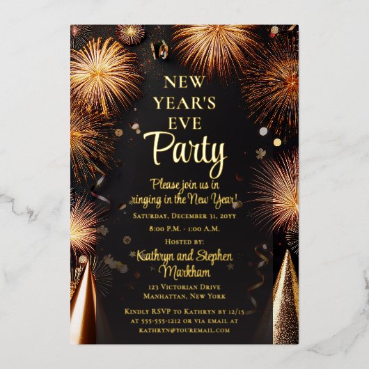 Fireworks Black Gold New Years Eve Party 箔招待状 (正面)