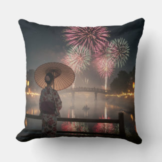 Fireworks bloom in the night sky クッション