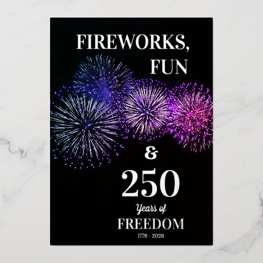 Fireworks, Fun, Freedom 250th 4th of July  箔招待状 (正面)