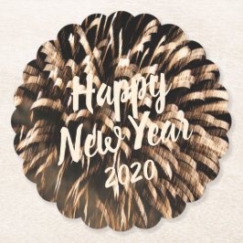 Fireworks Happy New Year金ゴールドお祝い写真 ペーパーコースター