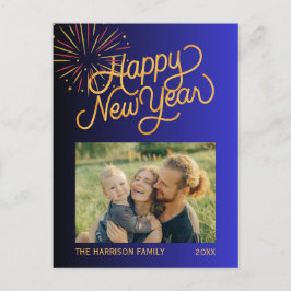 Fireworks Happy New Year Photo Blue Gradient ポストカード