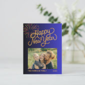 Fireworks Happy New Year Photo Blue Gradient ポストカード (スタンド正面)