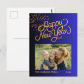 Fireworks Happy New Year Photo Blue Gradient ポストカード (正面/裏面)