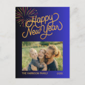 Fireworks Happy New Year Photo Blue Gradient ポストカード (正面)