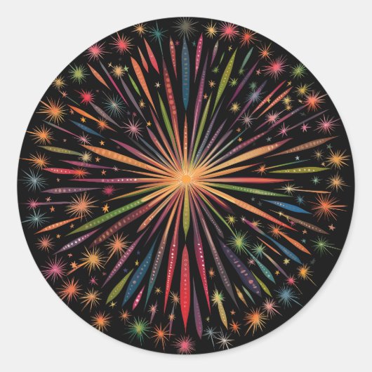 Fireworks Mandala – 黒い背景に虹を ラウンドシール (正面)