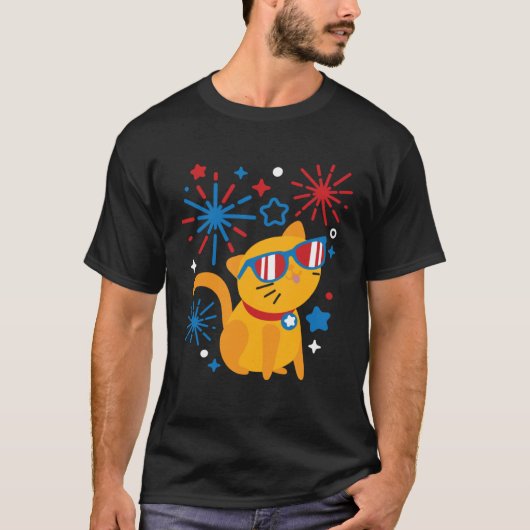Fireworks Meowica 4th Of July USA Flag Merica Cat Tシャツ (正面)