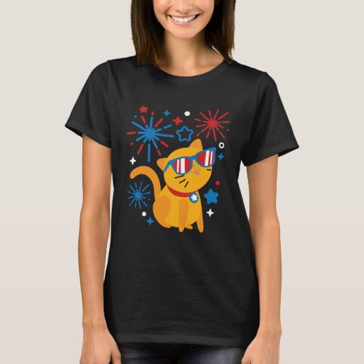 Fireworks Meowica 4th Of July USA Flag Merica Cat Tシャツ (正面)