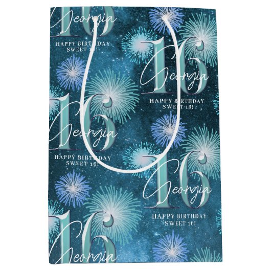 Fireworks Sweet 16ティール(緑がかった色)ID984 ミディアムペーパーバッグ (正面)