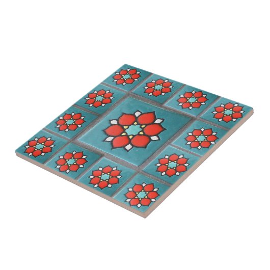 Fireyのオレンジおよびティール（緑がかった色）のヴィンテージの花模様 タイル (側面)