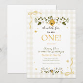 First 1st Birthday Honey Bee Gingham Bows 招待状 (正面/裏面)