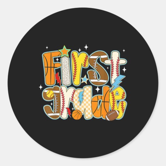 First 1st Grade Boy Baseball Basketball Football S ラウンドシール (正面)