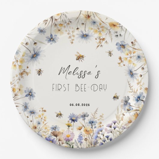 First Bee Day - Floral 1st Birthday ペーパープレート (正面)