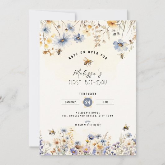 First Bee Day - Floral 1st Birthday Invitation 招待状 (正面)
