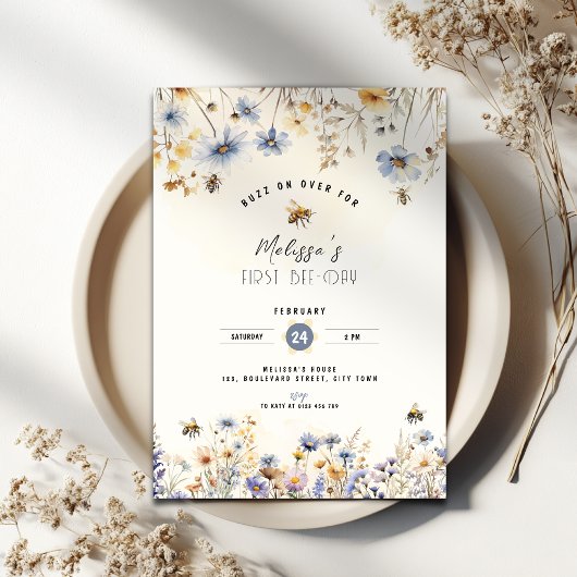 First Bee Day - Floral 1st Birthday Invitation 招待状