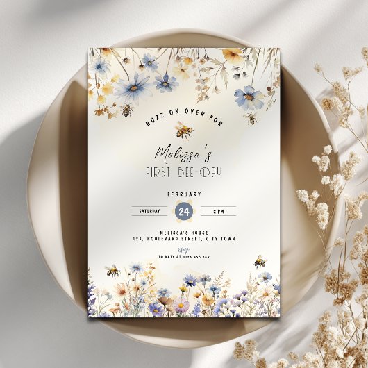 First Bee Day - Floral 1st Birthday Invitation 招待状