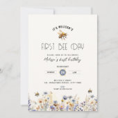 First Bee Day - Floral Bee Honey 1st Birthday 招待状 (正面)
