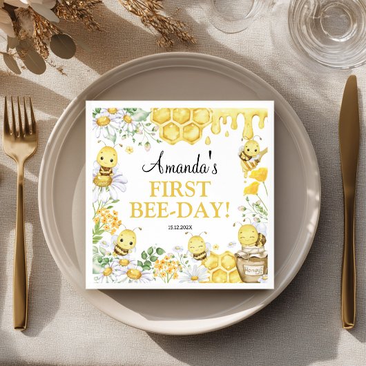 First Bee Day Floral Bumblebee Birthday Party スタンダードカクテルナプキン