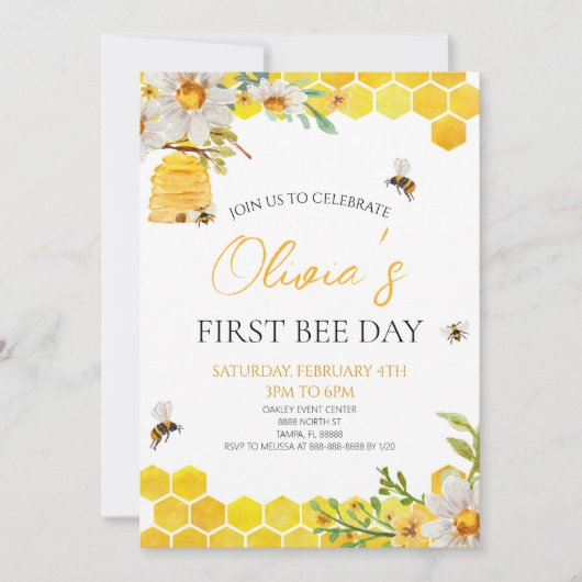 First Bee Day Floral Honey Bee 1st Birthday Party 招待状 (正面)