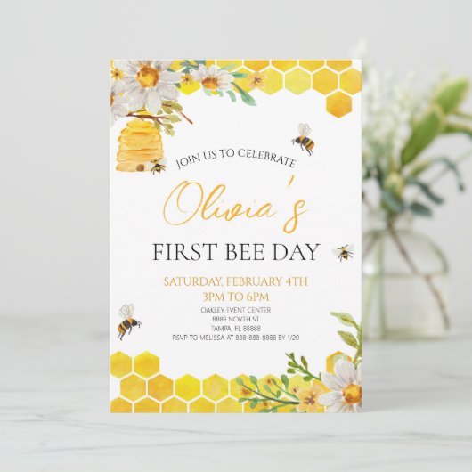 First Bee Day Floral Honey Bee 1st Birthday Party 招待状 (スタンド正面)