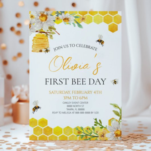 First Bee Day Floral Honey Bee 1st Birthday Party 招待状