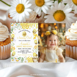 First Bee Day Floral Honey Bee Birthday Invitation サンキューカード