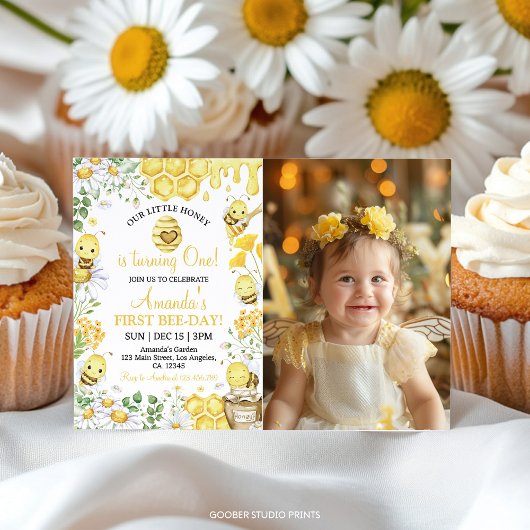 First Bee Day Floral Honey Bee Birthday Invitation サンキューカード