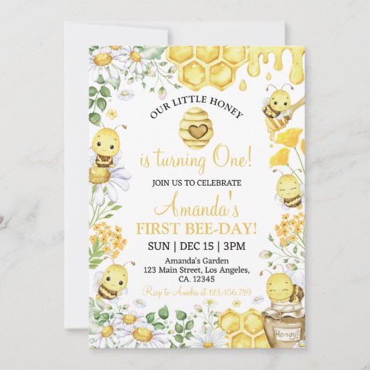 First Bee Day Floral Honey Bee Birthday Party 招待状 (正面)
