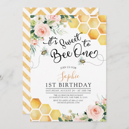 First Bee-Day Sweet to Bee One 1 Birthday 招待状 (正面/裏面)