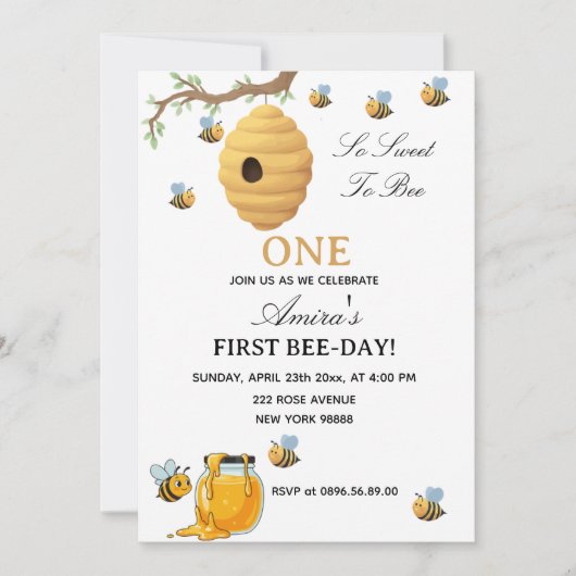 First Bee Day yellow honey 1st Birthday 招待状 (正面)