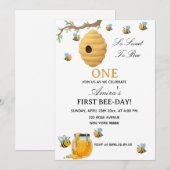 First Bee Day yellow honey 1st Birthday 招待状 (正面/裏面)