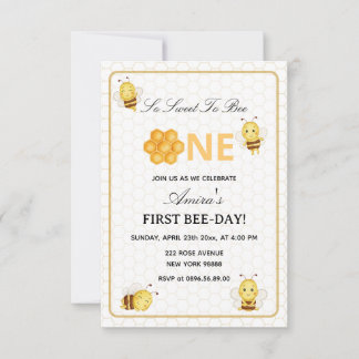 First Bee Day yellow honey 1st Birthday invitation 招待状