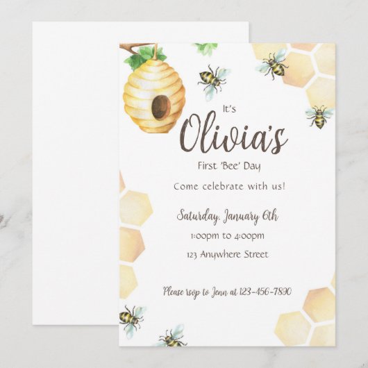 First 'Bee'Day Birthday Partyへの招待 招待状 (正面/裏面)