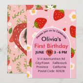 First Birthday 1st Birthday Strawberry Photo 招待状 (正面/裏面)