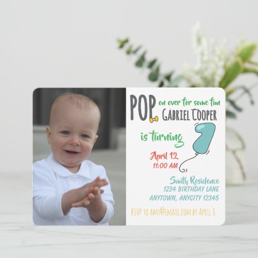 First Birthday Balloon Graphic Colorful Boy 招待状 (スタンド正面)