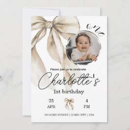 First Birthday Beige Bow Neutral Invitation Photo 招待状