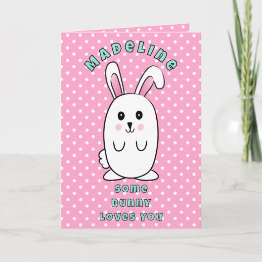  First Birthday Cute Bunny Cartoon Pink Birthday カード (正面)