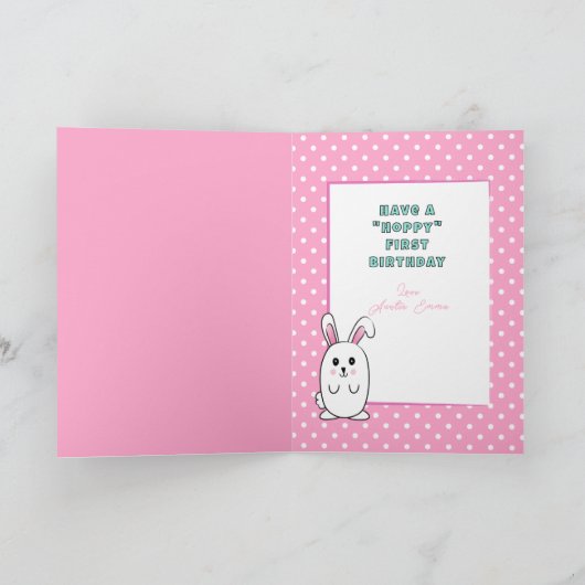  First Birthday Cute Bunny Cartoon Pink Birthday カード (内部)