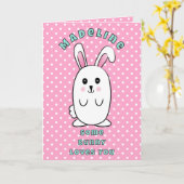  First Birthday Cute Bunny Cartoon Pink Birthday カード (黄色い花)