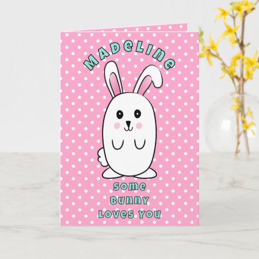  First Birthday Cute Bunny Cartoon Pink Birthday カード (黄色い花)