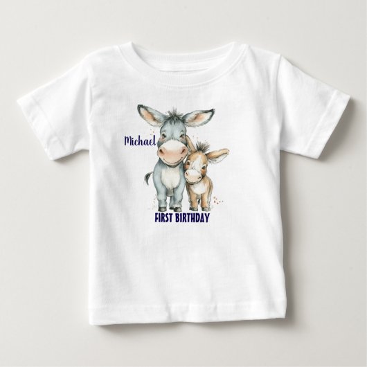 First Birthday Cute Donkeys Personalize ベビーTシャツ (正面)