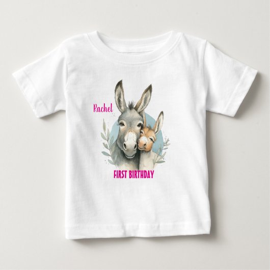 First Birthday Cute Donkeys Personalize ベビーTシャツ (正面)