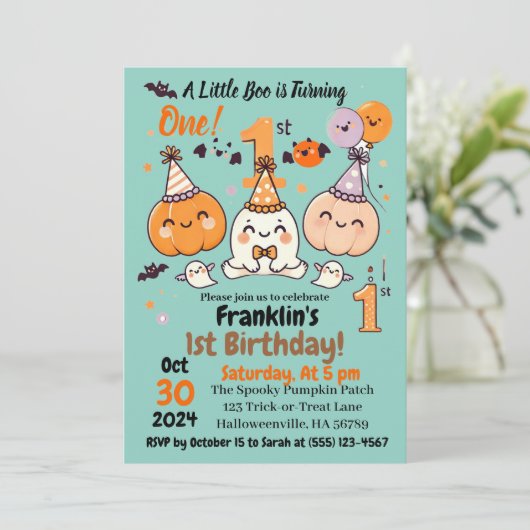 First Birthday Halloween Pumpkin Ghost Party 招待状 (スタンド正面)