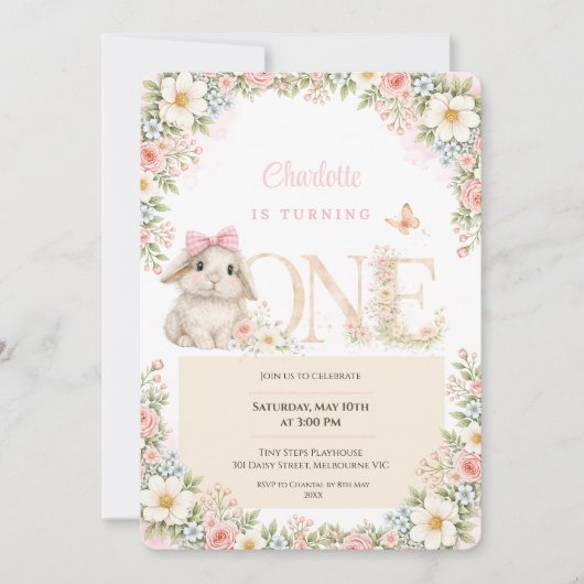 First Birthday Invitation Bunny Floral 招待状 (正面)