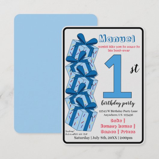 First Birthday Invitation Custom Blue Gift Theme 招待状 (正面/裏面)