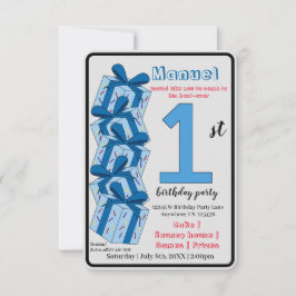 First Birthday Invitation Custom Blue Gift Theme 招待状