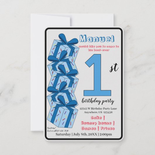 First Birthday Invitation Custom Blue Gift Theme 招待状 (正面)