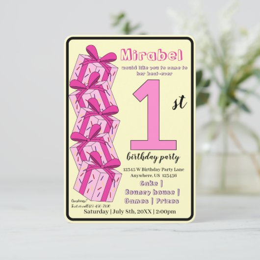 First Birthday Invitation Custom Pink Gift Theme 招待状 (スタンド正面)